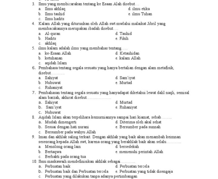 soal akidah akhlak kelas 1 semester 2 terbaru