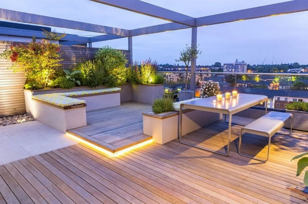 Roof terrace pergola rooftop garden outdoor deck kitchen city bench brooklyn designs oasis creating covered storage seating decor dachterrasse built